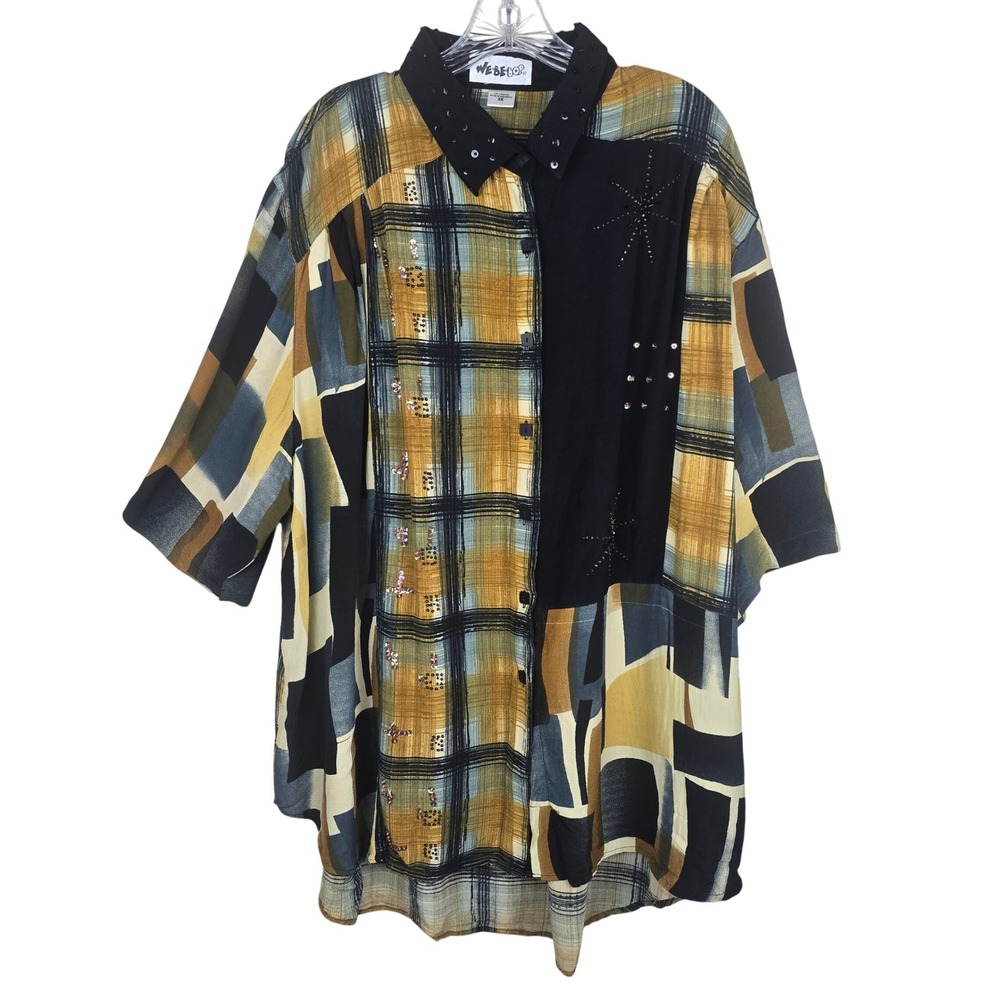 We‎ Be Bop Vintage 2X Rayon Patchwork Plaid Blouse Sequins Beaded Colorblock
